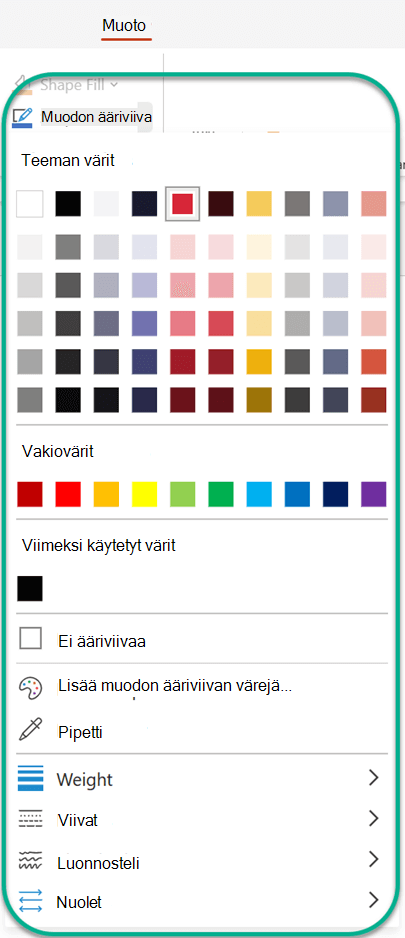 Muoto-välilehden Muodon ääriviiva -kohdassa voit valita värin, jota käytetään valittuna olevaan muotoon.
