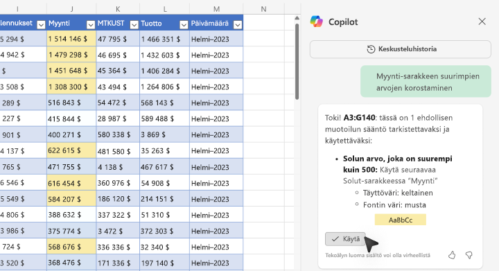 Näyttökuva arvojen korostamisesta Copilotin avulla Excelissä.