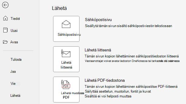 Näyttökuva Lähetä liitteenä- ja Lähetä PDF-muodossa -painikkeista.