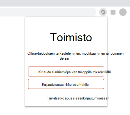 Kuva selaimesta, jossa näkyy Office-laajennuksen sisäänkirjautumiskehote