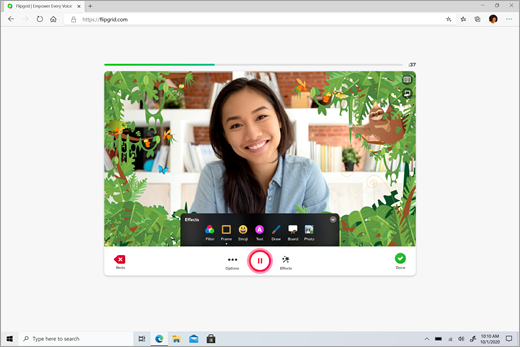 Flipgrid avaava selain, jossa on naisopiskelijan video