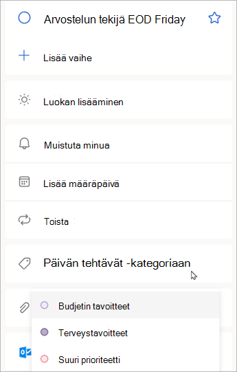 Kun tehtävän tiedot ovat näkyvissä, valitse Valitse luokka määrittääksesi luokan, jonka olet jo luonut Outlookissa.