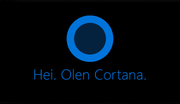 Cortana-logo ja sanat ”Hei. Olen Cortana”.
