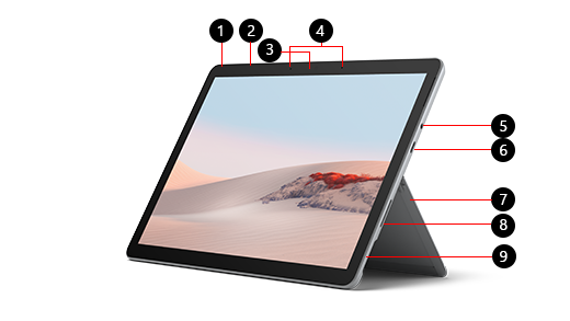 Surface Go 2, jossa numerot osoittavat kunkin ominaisuuden.