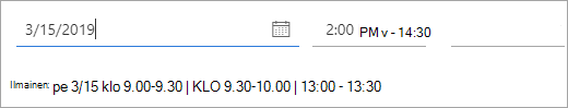 Näyttökuva ajoista, jolloin kokoukseen kutsuttu on käytettävissä