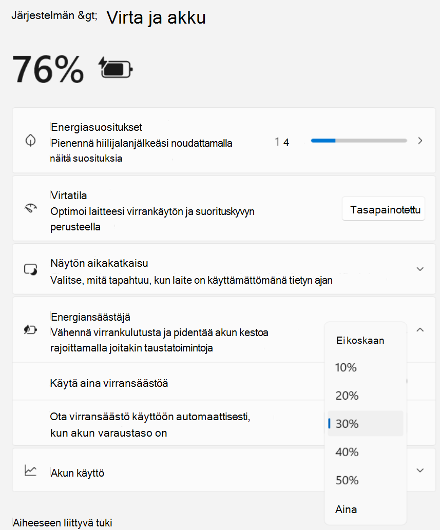 Näyttökuva Asetukset > Järjestelmän > virran ja akun > virransäästöstä