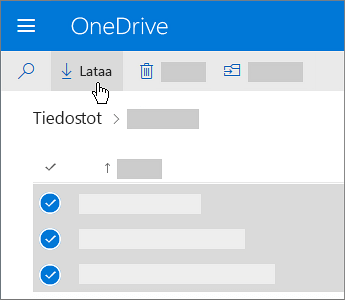 Näyttökuva OneDrive-tiedostojen valitsemisesta ja lataamisesta.