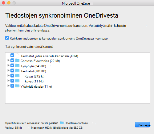 Näyttökuva OneDriven määritysvalikosta synkronoitavien kansioiden tai tiedostojen valitsemista varten.