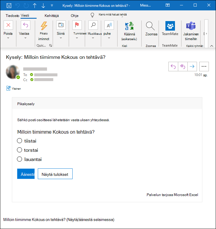 kyselyn Microsoft Forms Outlook-sähköpostiviestissä