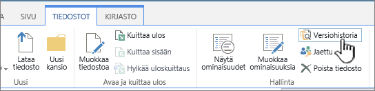 Tiedostovälilehti, jossa Versiohistoria näkyy korostettuna.