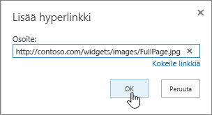 Hyperlinkki-valintaikkuna, jossa verkko-osoite ja OK-painike ovat korostettuina