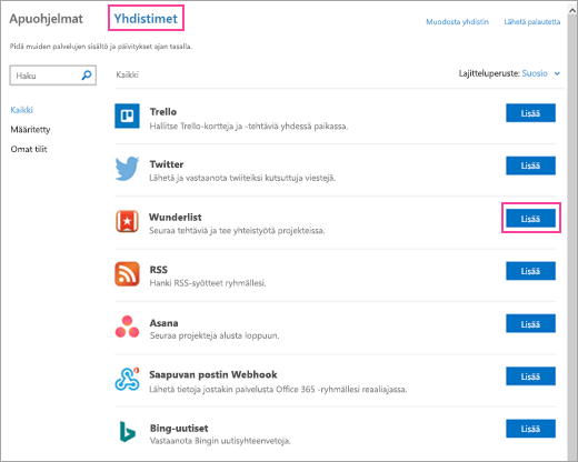 Näyttökuva Outlook 2016:een yhdistetyistä, käytettävissä olevista palveluista