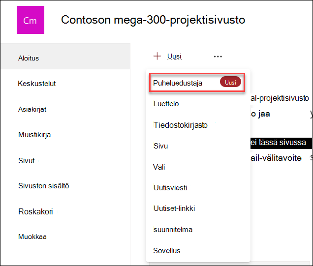 Näyttökuva uuden Copilot-agentin luomisesta sivuston aloitussivulta