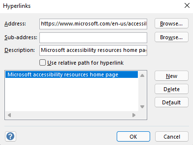 Hyperlinkit-valintaikkuna Visio for Windowsissa.