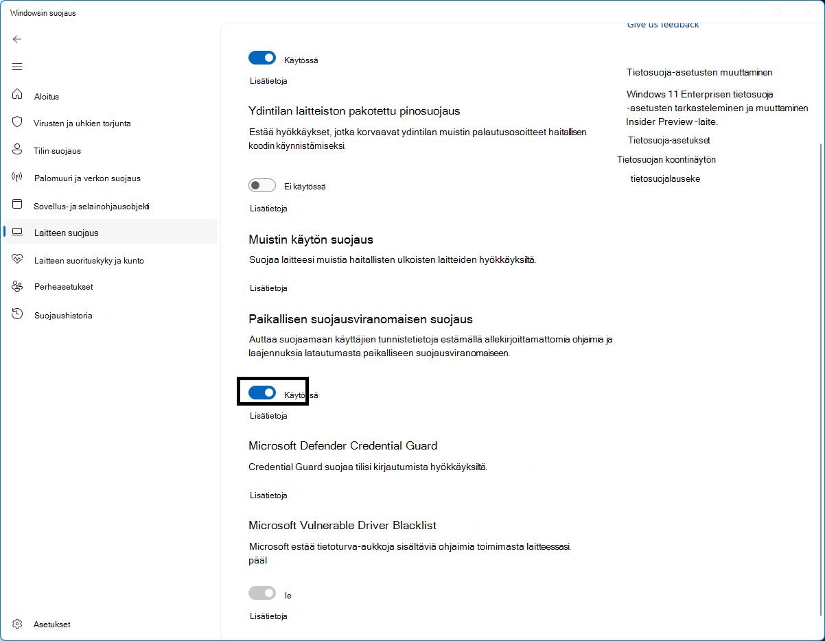 LSA-suojauksen hallinta Windowsin suojaussovelluksen ytimen eristyssivulla