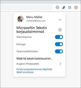 Microsoftin Tekstin korjaustoimintojen selainlaajennus, jossa näkyy selaimen avattava valikko ja asetukset vaihtoehtojen ottamiseksi käyttöön ja pois käytöstä
