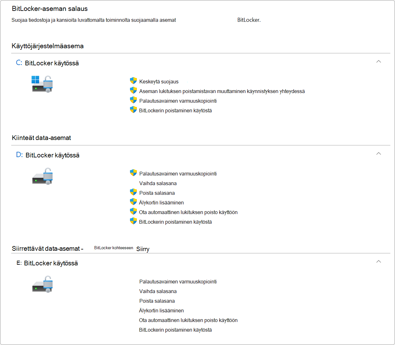 Näyttökuva BitLocker-aseman salauksesta Ohjauspaneelissa.