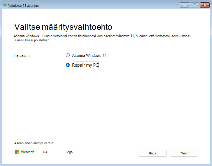Näyttökuva Windows 11 asennuksesta, jossa on valittuna tietokoneen korjaaminen.