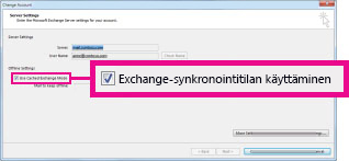 Käytä Exchange-synkronointitilaa -valintaruutu Vaihda tili -valintaikkunassa