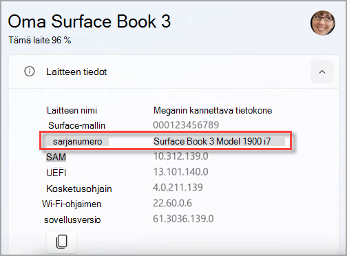 Surface-laitteen mallinimen etsiminen Surface-sovelluksesta.