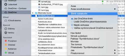Hiiren kakkospainikkeen valikon valinta tiedoston poistamista varten OneDrive Mac Finderissa