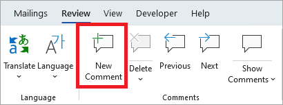 Tarkista-valintanauhan Uusi kommentti -painike.