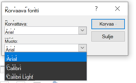 PowerPointin Korvaa fontti -valintaikkunan kuva. Näyttää avattavan Korvaa-luettelon laajennettuna.