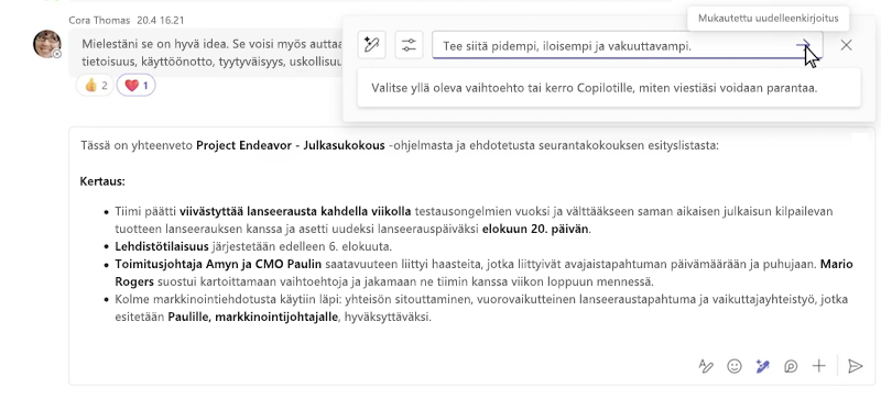 Viestin mukautettu uudelleenkirjoitus Käyttämällä Copilot-toimintoa Microsoft Teams -keskustelussa.