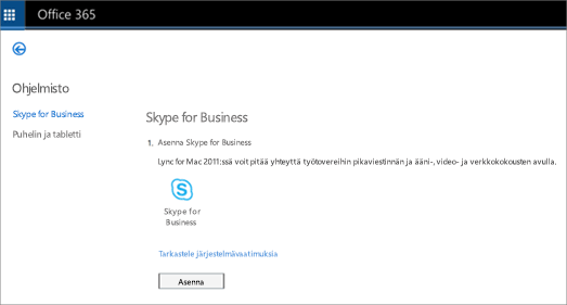 Kuva asennussivusta, joka tulee näkyviin jos käytössä Skype for Business Online -palvelupaketti