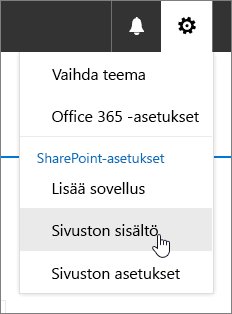 Asetukset-valikko, jossa Sivuston sisältö on korostettu