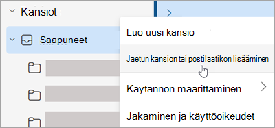 Näyttökuva, jossa näkyy lisää jaettu kansio tai postilaatikko -kohdan valinta