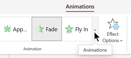 PowerPointin Animaatiot-välilehden animaatiotehosteiden valikoimassa on painike oikeassa reunassa valikoiman laajentamiseksi.