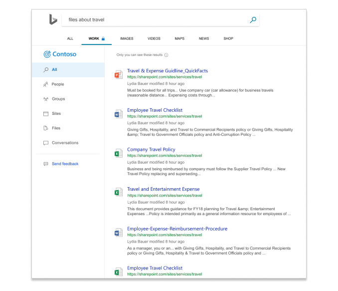 Hakutuloksia Microsoft Search Bing, jossa näkyvät yrityksen tiedostot.