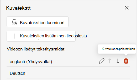 Kuvatekstit-ruudun Kuvatekstit-ruudun Poista tekstitys -painike.