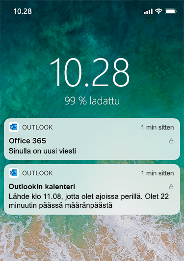 Kuva, jossa näkyy iPhonen lukitusnäyttö ja Outlook-ilmoitukset, jotka eivät näytä yksityiskohtaisia tietoja vaan ilmoittavat ainoastaan, että uusi viesti on vastaanotettu.