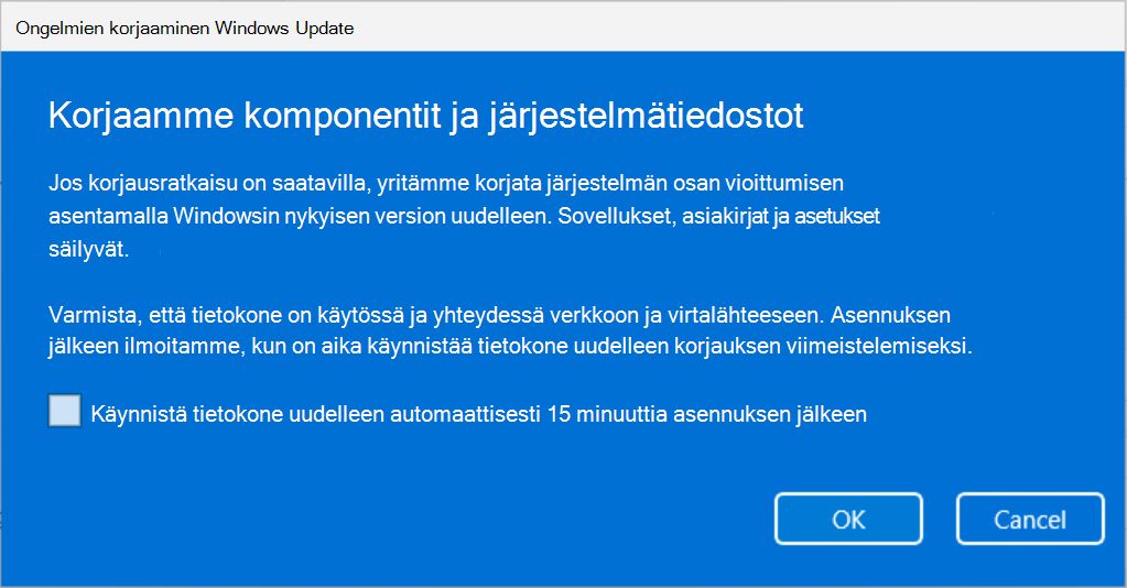 Näyttökuva Windows Update ongelmien korjaamisesta, jossa kerrotaan, että komponentit ja järjestelmätiedostot korjataan Windows Update.