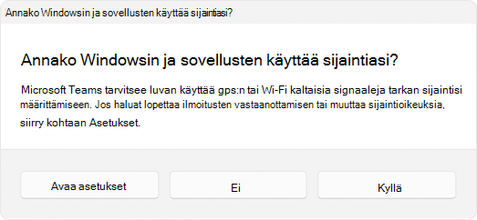 Näyttökuva kehotteesta, jossa käyttäjää pyydetään sallimaan sovelluksen käyttää sijaintitietoja.