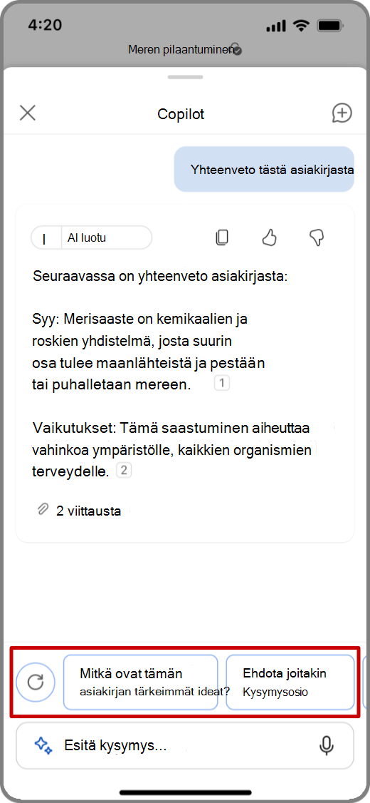 Näyttökuva Copilotista Wordissa iOS-laitteessa, jossa on yhteenvetotulos ja ehdotetut kysymykset korostettuina