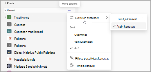 Näyttökuva yksinkertaisesta collab-litteästä luettelosta ja suodattimesta