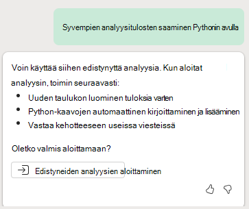 Näyttökuva, jossa kehote aloittaa tarkennetun analyysin Copilot Excelissä pythonilla.