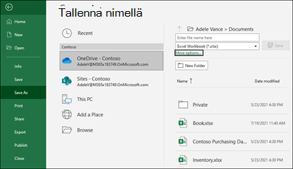 Tallentaminen OneDriveen Excelissä