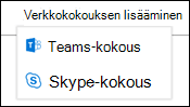 Valitse online-kokousta varten Teams tai Skype