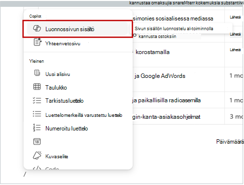 Näyttökuva vinoviivavalikosta. Luonnossivun sisältö -vaihtoehto näkyy korostettuna vinoviivavalikossa.