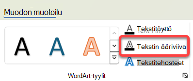 Jos haluat muuttaa WordArt-objektin reunaa, valitse se ja valitse Muodon muotoilu -välilehdessä Tekstin ääriviiva.
