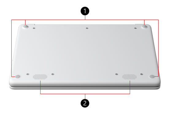 Surface Laptopin pohja, jossa on numeroita lähellä laitteen erilaisia fyysisiä ominaisuuksia.