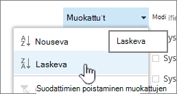 Sarakeotsikon avattava lajitteluvalikko