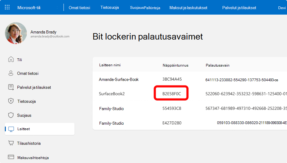 Näyttökuva Microsoft-tilin BitLocker-palautusavaimista.