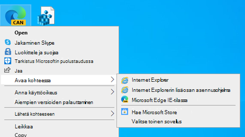 Kun napsautat VSDX-tiedostokuvaketta hiiren kakkospainikkeella, valikko sisältää tiedostonavausvaihtoehdon "Microsoft Edge with IE Mode".