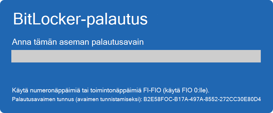 Näyttökuva BitLocker-palautusnäytöstä.