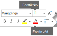 Irrallinen Muotoile-työkalurivi sisältää fonttikoon ja fontin värin asetukset.